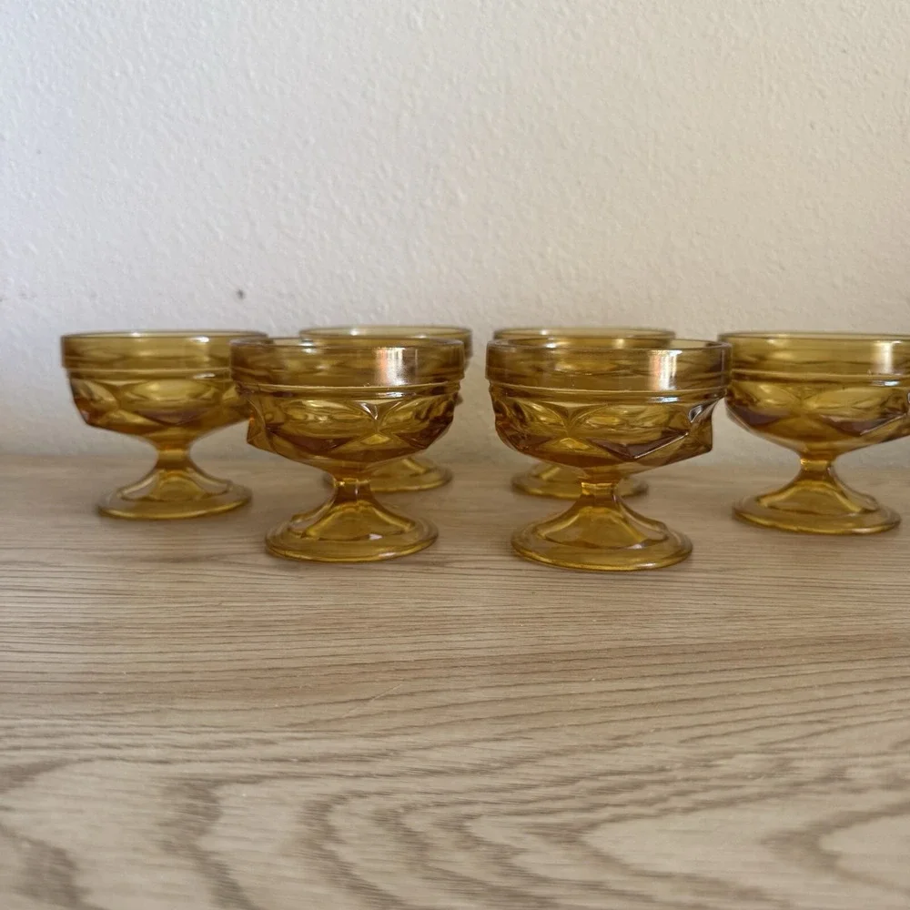6 Anchor Hocking Fairfield Amber Low Sherbet Set Vintage Honey Gold Stemware Lot